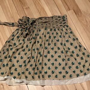 Beige Circle-Print Tie-Waist Skater Skirt with Green Accents - Cotton and Silk